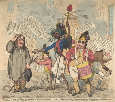 Alecto ja hänen junansa, Pandaemoniumin portilla: - tai - värväys Sarjeant Enli..., 4. heinäkuuta 1791. tekijältä James Gillray
