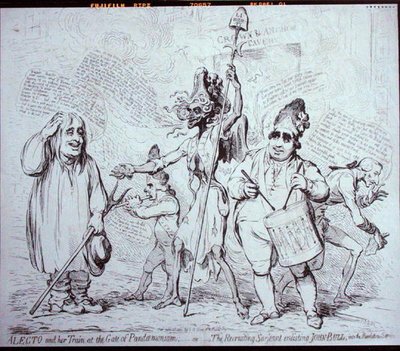 Alecto ja hänen junansa Pandemoniumin portilla, eli The Recruiting Serjeant, joka värvää John Bullin Revolution Service -palvelukseen, julkaisija S.W. Fores vuonna 1791 (etsaus) tekijältä James Gillray