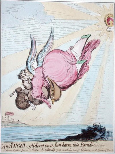 Enkeli liukumassa auringon säteellä paratiisiin (käsinvärinen etsaus) tekijältä James Gillray