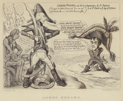 Aseistetut sankarit: Britannian pääministeri Henry Addington kohtaa Napoleonin ja Ranskan hyökkäyksen uhan, 1803 tekijältä James Gillray