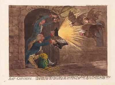 Lepakonpyynti, pubi. 1803 (käsinvärinen kaiverrus) tekijältä James Gillray