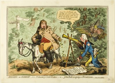 Kerjääminen ei ole ryöstö; eli vapaaehtoinen lahjoitus, tai John Bull pakenee pakotettua lainaa. tekijältä James Gillray