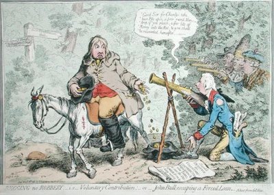 Begging no Robbery: Eli Voluntary Contribution, eli John Bull pakenee pakkolainaa, julkaisi Hannah Humphrey vuonna 1796 (käsinvärinen etsaus) tekijältä James Gillray