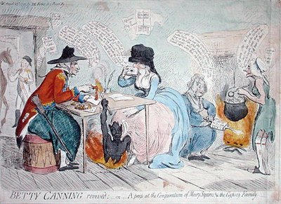 Betty Canning herätti henkiin, eli Kurkistus Mary Squiresin ja Gypsy Familyn loitsuun, julkaissut J.M. Forbes vuonna 1791 (käsinvärinen etsaus) tekijältä James Gillray