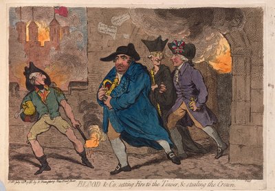 Blood & Co. sytyttää tuleen torniin ja varastaa kruunun, pubi. 1788 (käsinvärinen kaiverrus) tekijältä James Gillray