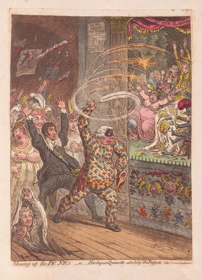 Räjäyttää Pic Nics tai Harlequin Quixotte hyökkäämässä Puppets, pubi. 1804 (käsinvärinen kaiverrus) tekijältä James Gillray