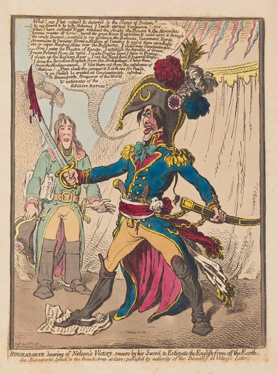 Bonaparten kuuleva Nelsons Victory vannoo miekkansa kautta hävittääkseen englantilaiset maapallolta, pubi. 1798 (käsinvärinen kaiverrus) tekijältä James Gillray