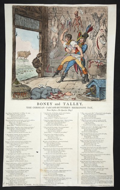 Boney ja Talley, The Corsican Case-Butchers Reckoning Day - No Quarter Day!, pb. 1803 (käsinvärinen kaiverrus) tekijältä James Gillray