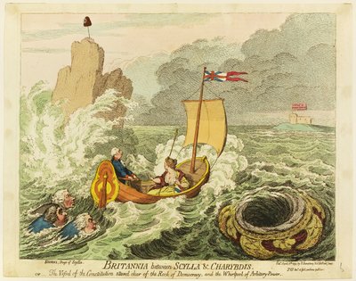 Britannia Scyllan ja Charybdisin välillä tekijältä James Gillray