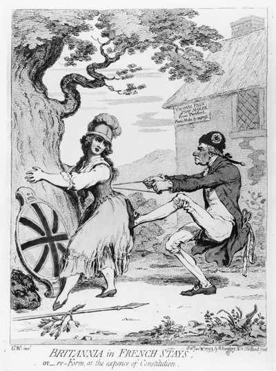Hannah Humphreyn vuonna 1793 julkaisema Britannia ranskalaisina pysyy, eli muotoile uudelleen perustuslain kustannuksella (etsaus) tekijältä James Gillray