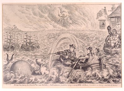 Englantilaiset hinaajat hinaamassa Tanskan laivastoa satamaan, 1807 tekijältä James Gillray