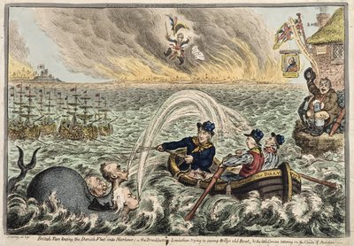 British Tars hinaamassa Tanskan laivastoa satamaan, tai The Broadbottom Leviathan, joka yrittää suistaa Billyn vanhan veneen, ja pieni korsikalainen, joka horjuu kunnianhimo pilvissä, 1807 (käsinvärinen etsaus) tekijältä James Gillray