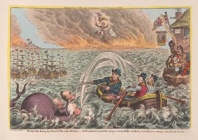British Tars hinaamassa Tanskan laivastoa satamaan: leveäpohjainen Leviathan yrittää suistaa Billysin vanhan veneen ja pieni korsikalainen, joka horjuu Clouds of Ambitionissa, pubi. 1807 (käsinvärinen engra tekijältä James Gillray
