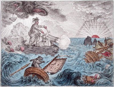 Bruin in his Boat, or The Manager in Distress, julkaissut Hannah Humphrey 1806 (käsin väritetty etsaus). tekijältä James Gillray