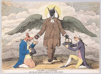 Mukavuuden murusia eli vanha ortodoksinen lohdutusta langenneille lapsilleen, pubi. 1782 (käsinvärinen kaiverrus) tekijältä James Gillray