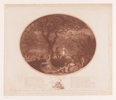 Tanssiva mies ja nainen puun alla Kyläjuna (otsikko esineessä) tekijältä James Gillray