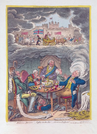 Herkullisia unia: linnoja ilmassa! - Glorious Prospects!, pubi. 1808 (käsinvärinen kaiverrus) tekijältä James Gillray