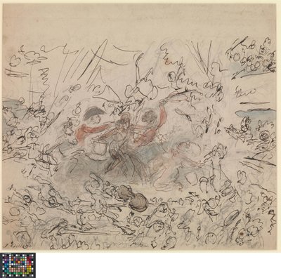 Hollanti: Maailman spektaakkeli: Napoleonin sodat (etusivu).  Luettelo aiheista, jotka ovat "brittiläisten taiteilijoiden lahjakkuuden arvoisia" (kääntöpuoli). tekijältä James Gillray
