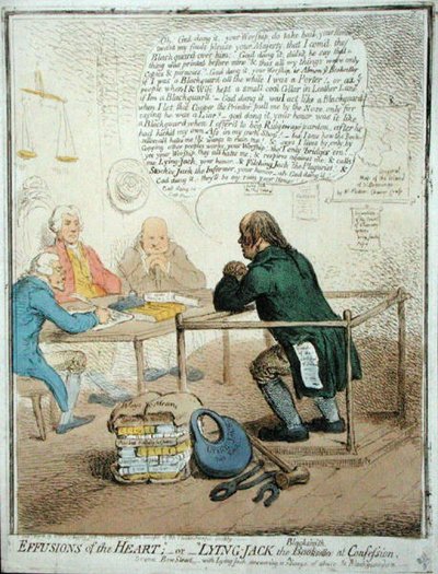 Effusions of the Heart tai Lying Jack the Blacksmith at Confession, julkaisi Hannah Humphrey vuonna 1795 Philanthropic Societylle (käsinvärinen etsaus) tekijältä James Gillray