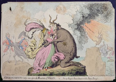 Äskettäin Walesin vuorella nähdyt lumoukset tai Shon-ap-Morganin sovinto keijuprinsessalle, Hannah Humphreyn vuonna 1796 julkaisema (käsinvärinen etsaus) tekijältä James Gillray