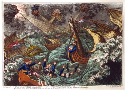 Irlannin hyökkäyksen loppu - tai - Ranskan armadan tuho, James Gillray 1797. Pitt ylhäällä vasemmalla ja hänen ministeriensä räjäyttämät ranskalaiset laivat. Charles James Fox ja hänen oppositioliittolaisensa hukkumisvaarassa. tekijältä James Gillray