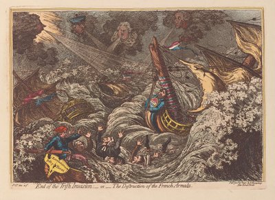 Irlannin hyökkäyksen loppu tai Ranskan Armadan tuho, pubi. 1797 (käsinvärinen kaiverrus) tekijältä James Gillray