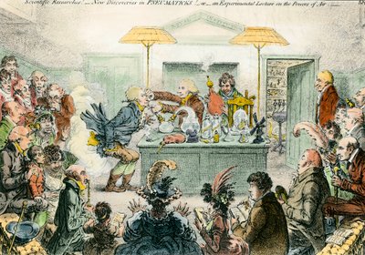 Englantilainen satiiri tieteestä: uudet löydöt pneumaattisista materiaaleista. Satiirinen piirustus tieteellisten konferenssien innostuksesta 1800-luvulla. Kaiverrus James Gillray (1757-1815) tekijältä James Gillray