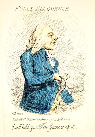 Hannah Humphreyn vuonna 1795 julkaisema Fools Eloquence (käsinväritetty kaiverrus) (yksityiskohta kuvasta 191281). tekijältä James Gillray