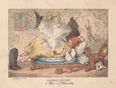 Saksalainen ylellisyys tai Repos a LAllemande, pub. 1800 (käsin väritetty kaiverrus) tekijältä James Gillray