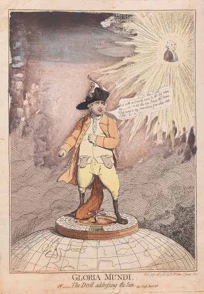 Gloria Mundi, tai Paholainen puhuttelee aurinkoa, pubi. 1782 (käsinvärinen kaiverrus) tekijältä James Gillray
