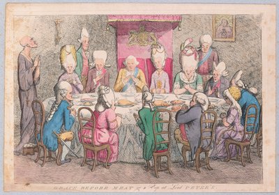 Armo ennen lihaa tai kurkistus Lord Petersiin, pub. 1779 (käsin väritetty kaiverrus). tekijältä James Gillray