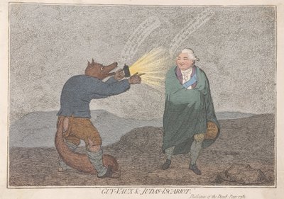 Guy-Vaux ja Judas-Iscariot, pub. 1782 (käsinvärinen kaiverrus) tekijältä James Gillray