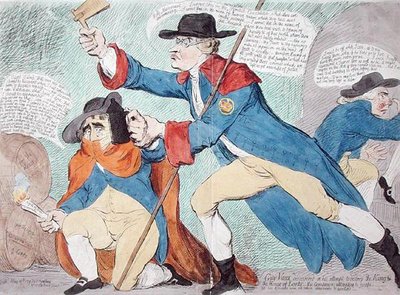 Guy Vaux löydettiin kuninkaan ja ylähuoneen tuhoamisyrityksessä, Hannah Humphreyn julkaisema 1791 (käsin väritetty etsaus). tekijältä James Gillray