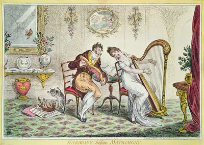 Harmonia ennen avioliittoa, 1805 (värikaiverrus) tekijältä James Gillray