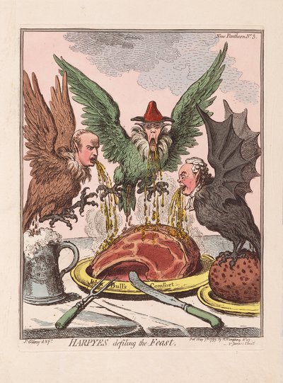Harpyjat saastuttavat juhlaa, pubi. 1799 (käsinvärinen kaiverrus) tekijältä James Gillray