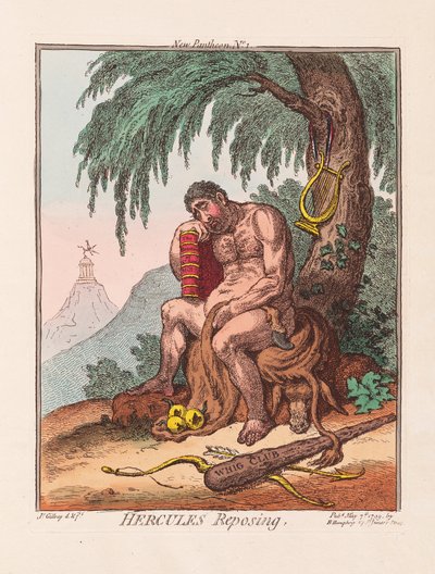 Hercules Reposing, pub. 1799 (käsinvärinen kaiverrus) tekijältä James Gillray