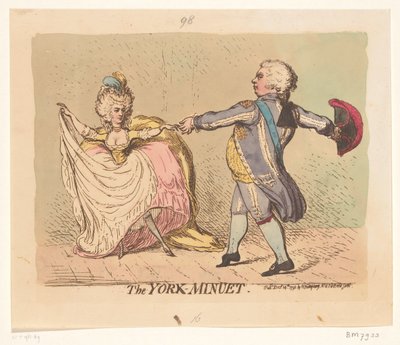 Yorkin herttuatar ja Walesin prinssi tanssivat menuettia, 1791 Yorkin menuetti (otsikko esineessä) tekijältä James Gillray