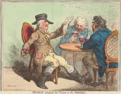 Homeros laulaa säkeitään kreikkalaisille tekijältä James Gillray