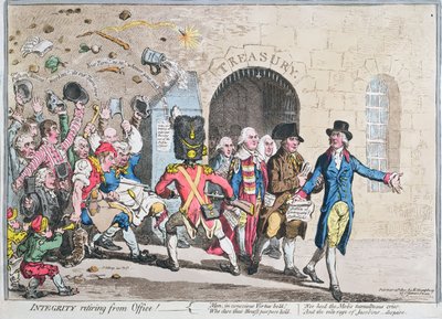 Integrity Retiring from Office, julkaissut Hannah Humphrey vuonna 1801 (käsinvärinen etsaus akvatintalla) tekijältä James Gillray