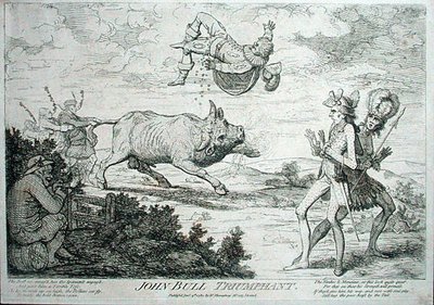 John Bull Triumphant, William Humphreyn vuonna 1780 julkaisema (etsaus) tekijältä James Gillray