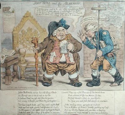 John Bull and the Alarmist, Hannah Humphreyn julkaisema 1803 (käsin väritetty etsaus). tekijältä James Gillray
