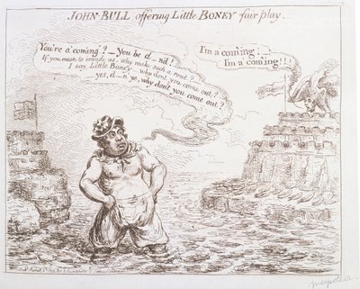 John Bull tarjoaa Little Boneyn reilua peliä, julkaissut Hannah Humphrey vuonna 1803 tekijältä James Gillray