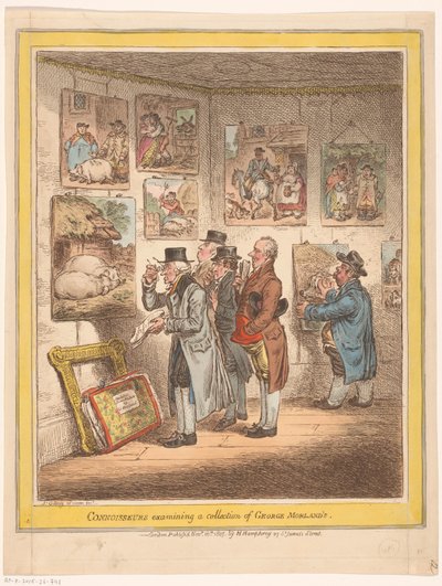 Taiteen asiantuntijat katselevat George Morlandin maalauksia Asiantuntijat tutkivat George Morlandin kokoelmaa (otsikko esineessä) tekijältä James Gillray