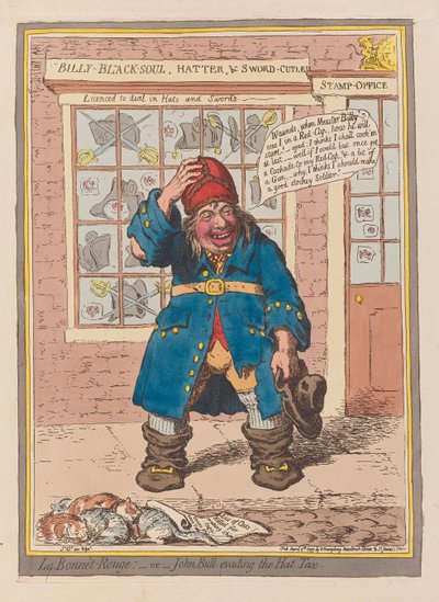 La Bonnet Rouge tai John Bull kiertää hattuveroa, pubi. 1797 (käsinvärinen kaiverrus) tekijältä James Gillray