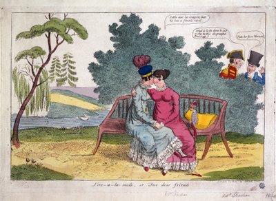 Lady Strachan ja Lady Warwick rakastelevat puistossa, kun heidän aviomiehensä katsovat paheksuvasti. tekijältä James Gillray