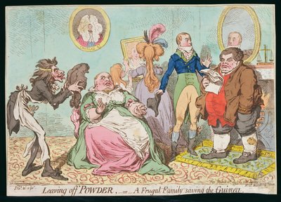 Leaving off Powder, eli säästäväinen perhe pelastaa Guinean, julkaissut Hannah Humphrey vuonna 1795 (käsinvärinen etsaus) tekijältä James Gillray