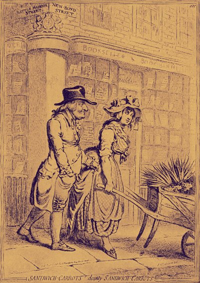 Lord Sandwich kiinnittää huomiota kukkamyyjään tekijältä James Gillray