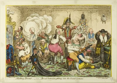 Kunnon tekeminen; ts. leveäpohjaiset pääsevät suureen pukuun tekijältä James Gillray