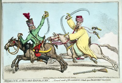 Mamlouk et Hussard Republicain eli yleinen tulos Bonaparten hyökkäyksestä Ibrahim Beyn takavartijaa vastaan, julkaissut Hannah Humphrey vuonna 1799 (käsinvärinen etsaus) tekijältä James Gillray