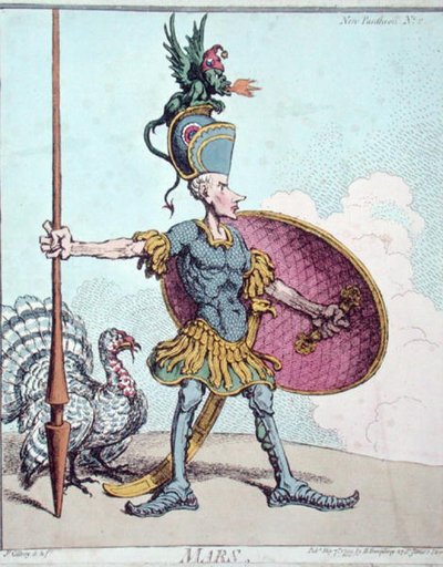 Mars, Hannah Humphreyn julkaisema "New Pantheon" 1799 (käsin värjätty etsaus). tekijältä James Gillray